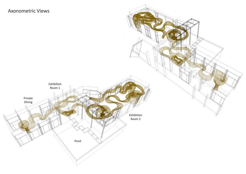 Axonometric drawing of the gallery and rattan structure by Enter Projects Asia