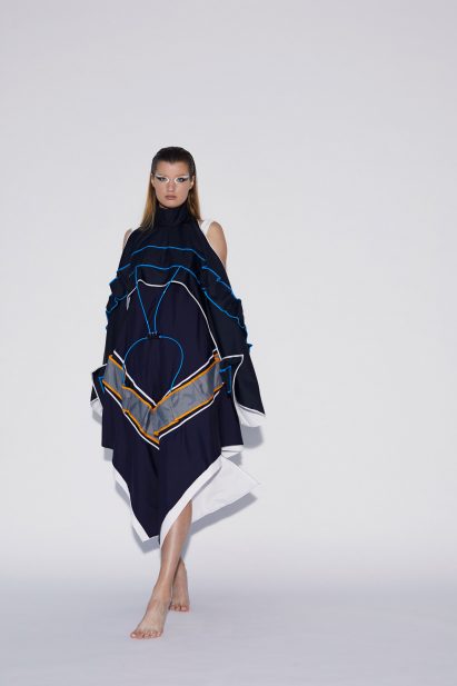 Model wearing Soft Assembly hooded vest by Pola Demianiuk