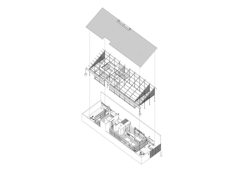 Exploded axonometric drawing of a steel structure home by MIA Design Studio