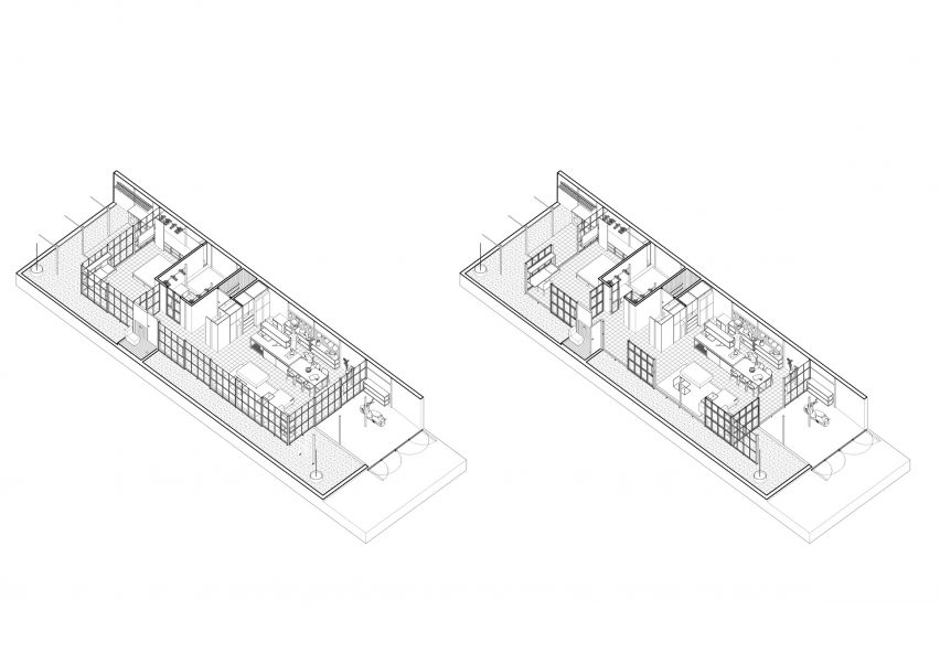 Two axonometric drawings of the floor level of a steel structure home by MIA Design Studio