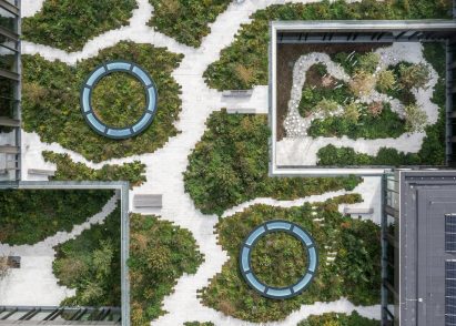 Drone shot of Steno Diabetes Center gardens by Sted