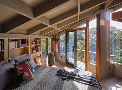 Slanted ceiling in bedroom of Henry Hill House