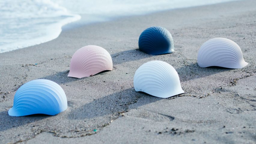Shell-shaped helmets on the shore in Japan