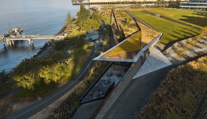 Meeting building built into side of landscape by Aidlin Darling Design