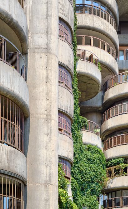 The cylindrical facade of Torres Blancas, a brutalist high-rise in Madrid