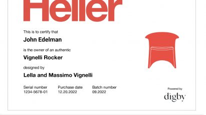Digby Design Authenticator certificate for Heller's Vignelli Rocker chair