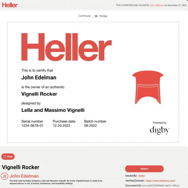 Digby Design Authenticator certificate for Heller's Vignelli Rocker chair