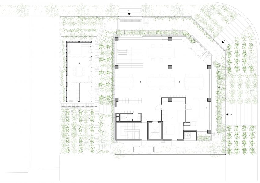 First floor plan of Urban Farming Office by Vo Trong Nghia Architects