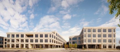 Rectilinear office complex with a concrete facade