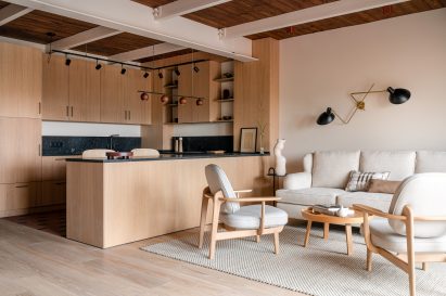 Interior dining and kitchen space in Kyiv apartment by Yana Molodykh