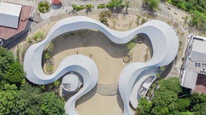 Aerial view of Yashima Mountaintop Park winding walkway in Japan by SUO