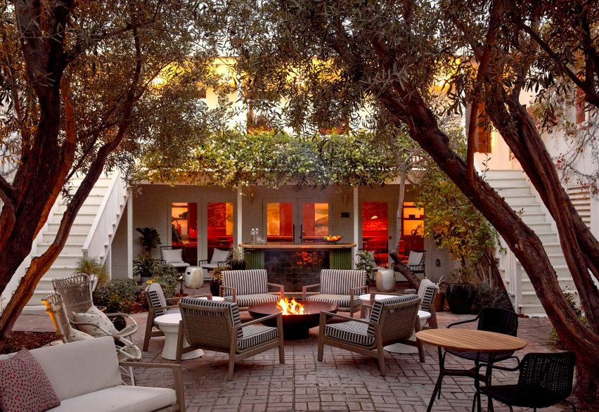 Outdoor area with seating around a firepit
