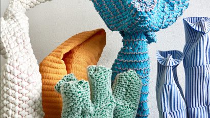 Textile-based sculptures in white, orange, blue, green and purple