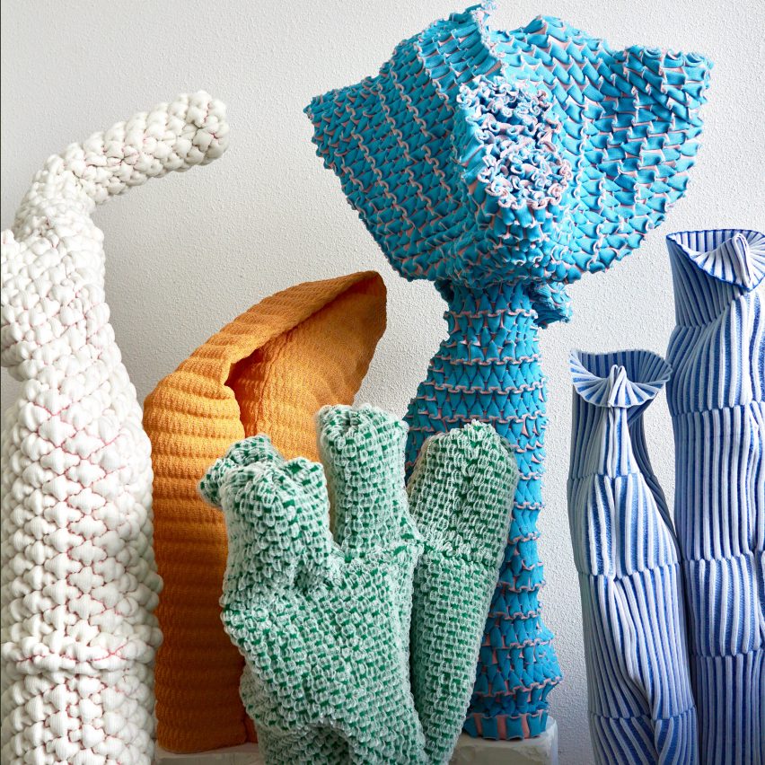 Textile-based sculptures in white, orange, blue, green and purple