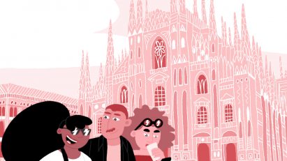 Illustration of people outside Duomo di Milano