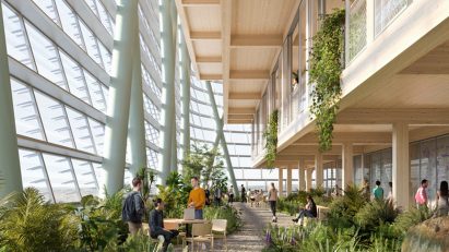 Render of office building with plants insidde