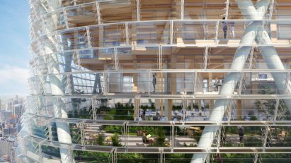 A render of an office block with a glass facade
