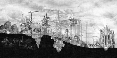 Black and white architectural illustration of Dariva – a self-sufficient off-grid community
