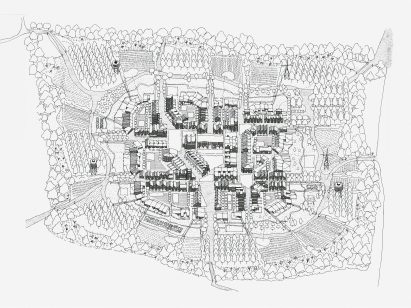 Grey and white illustration outlining what a house development inside a forest would look like