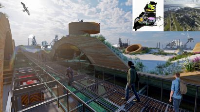 Visualisation showing walkway with rammed earth structures around it