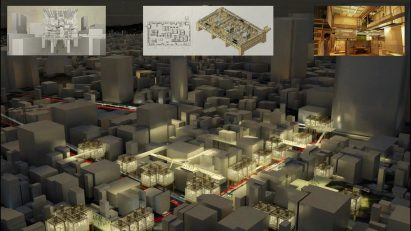 Collage of drawings and visualisations showing urban environment with glowing lights