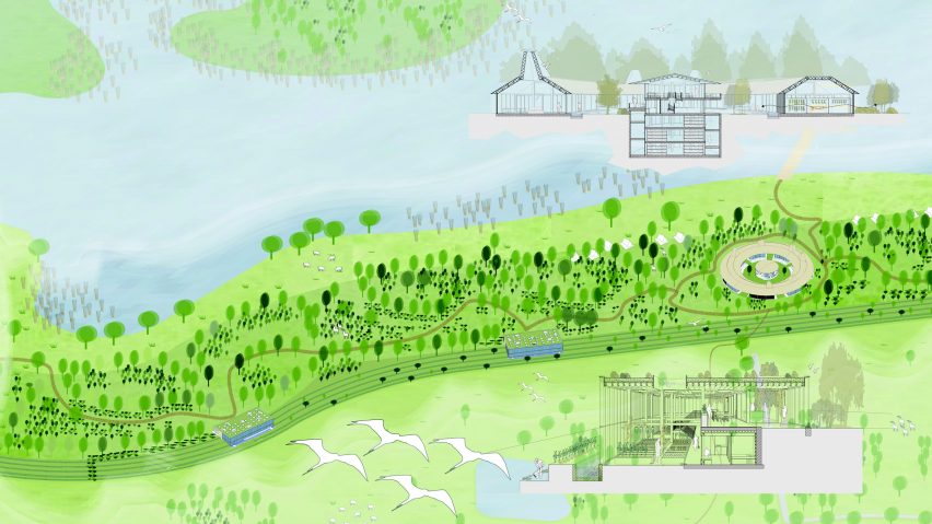 Collage of drawings and visualisations showing