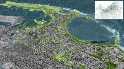 Collage of drawings and visualisations showing coastal settlement