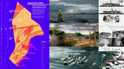 Collage of drawings and visualisations showing coastal schemes