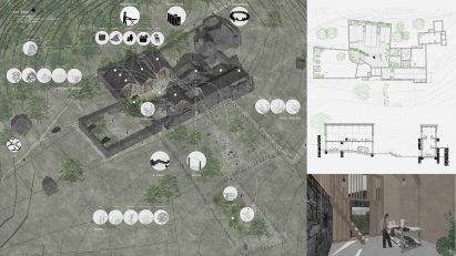 Collage of drawings and visualisations showing rural settlement