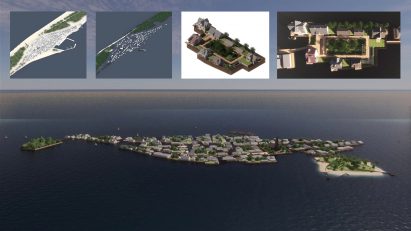 Collage of drawings and visualisations showing island and projected affects of rising sea levels