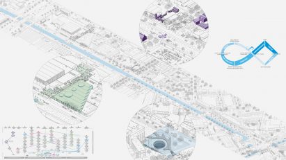 Collage of drawings and visualisations showing urban area with straight river running through
