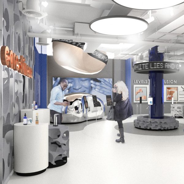 Interior render of a skincare shop with grey walls and bronze accents