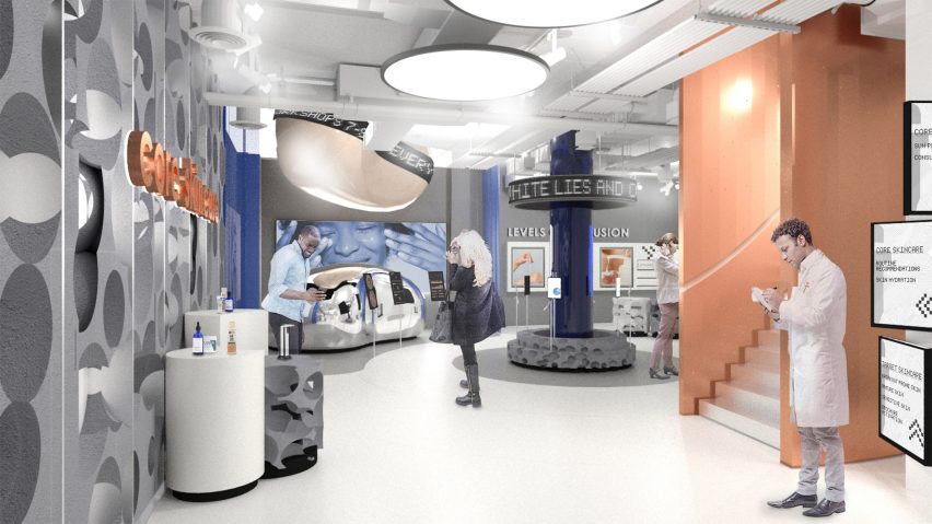 Interior render of a skincare shop with grey walls and bronze accents