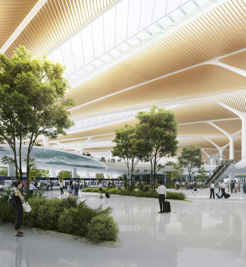 Interior render of Terminal 3 at China's Changchun Longjia International Airport by MAD