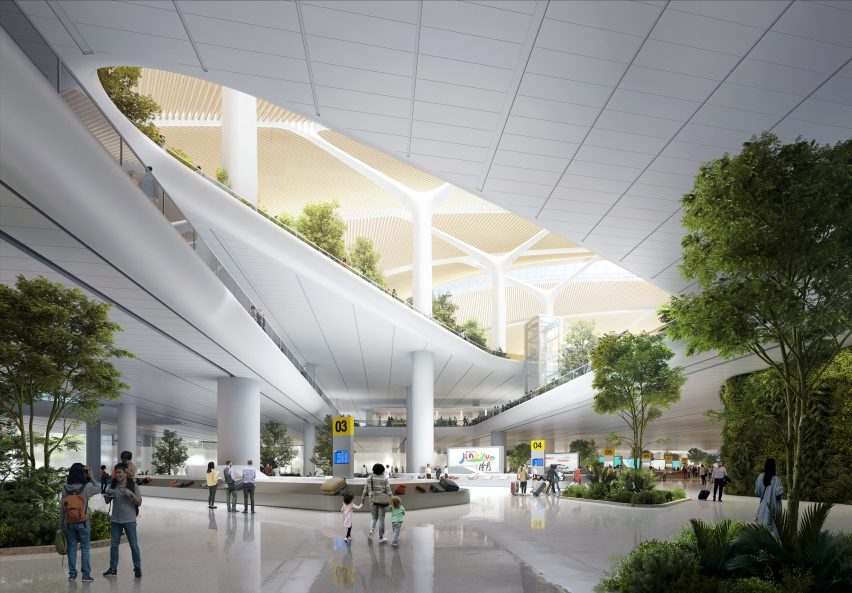 Interior render of Terminal 3 at China's Changchun Longjia International Airport by MAD