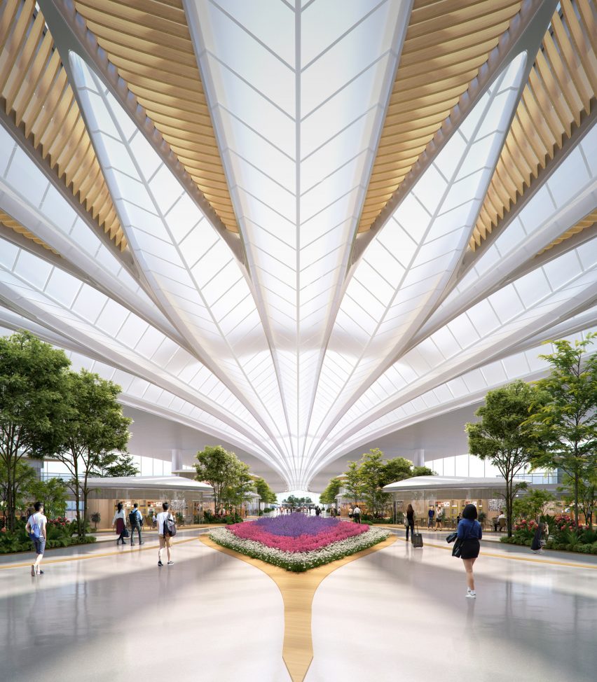Interior render of Terminal 3 at China's Changchun Longjia International Airport by MAD