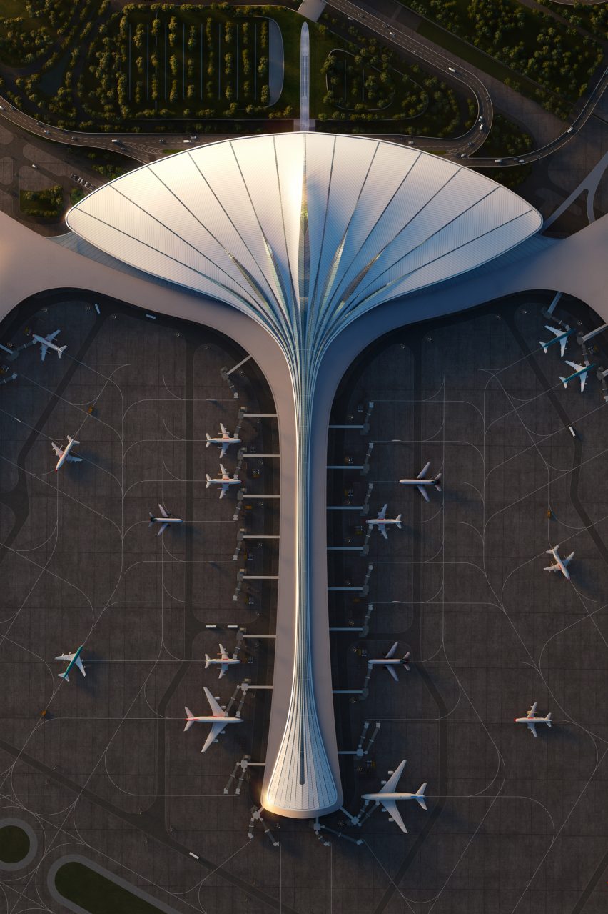 Exterior render of Terminal 3 at China's Changchun Longjia International Airport by MAD