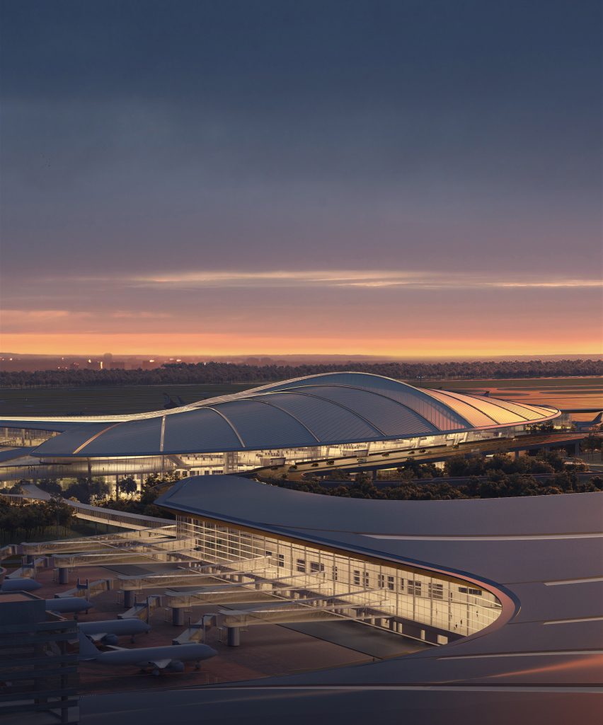 Exterior render of Terminal 3 at China's Changchun Longjia International Airport by MAD