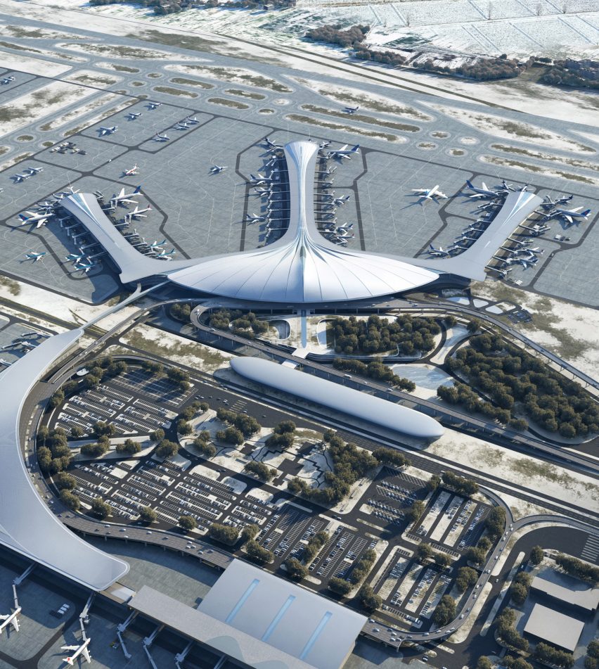 Exterior render of Terminal 3 at China's Changchun Longjia International Airport by MAD