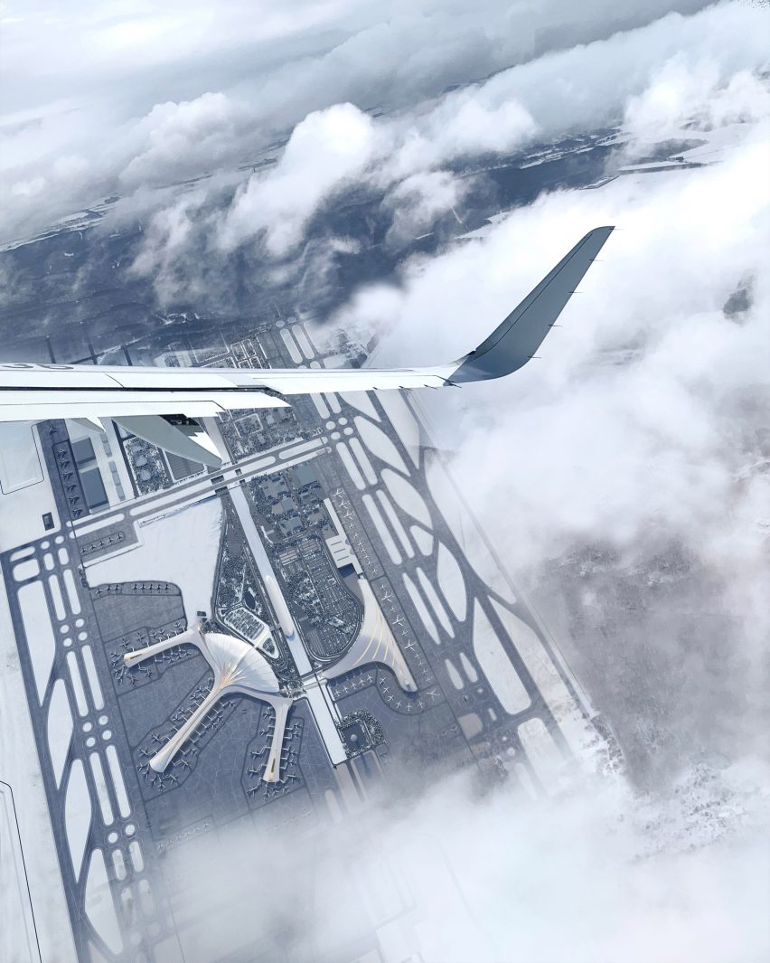 Exterior render of Terminal 3 at China's Changchun Longjia International Airport by MAD