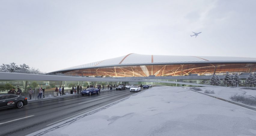 Exterior render of Terminal 3 at China's Changchun Longjia International Airport by MAD