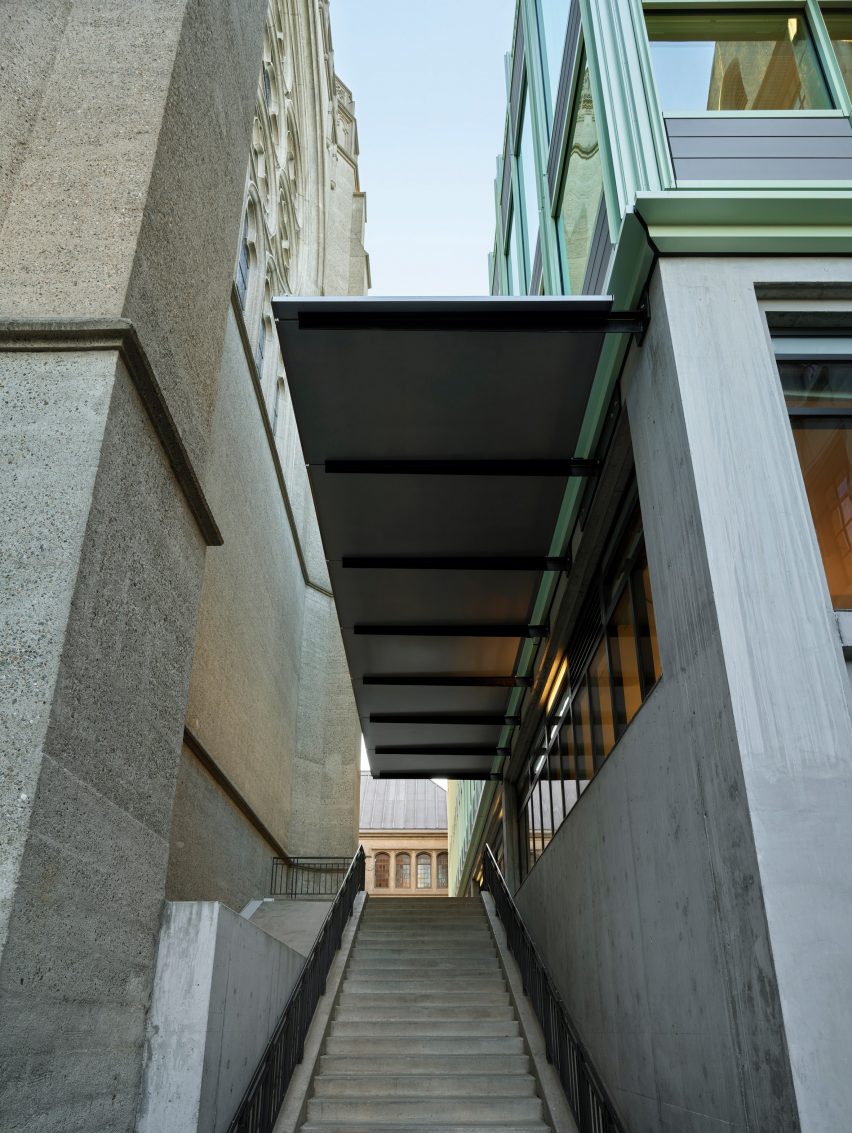 Exterior staircase adjoining the school extension by Charles F Bloszies
