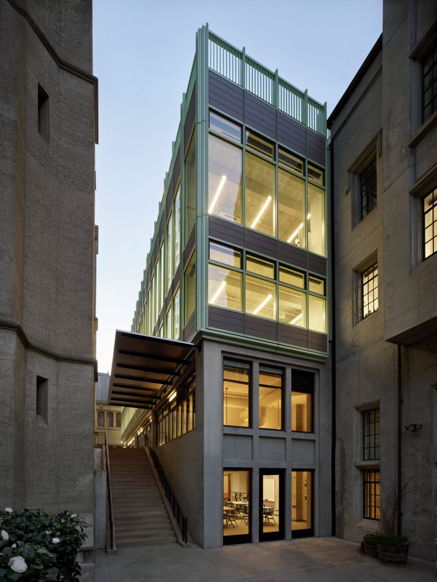 Exterior of a two-storey glazed school extension by Charles F Bloszies