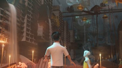Digital video game render of an indrustrial cityscape with two humanoid figures at the centre facing away