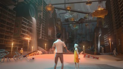Digital video game render of an indrustrial cityscape with two humanoid figures at the centre facing away