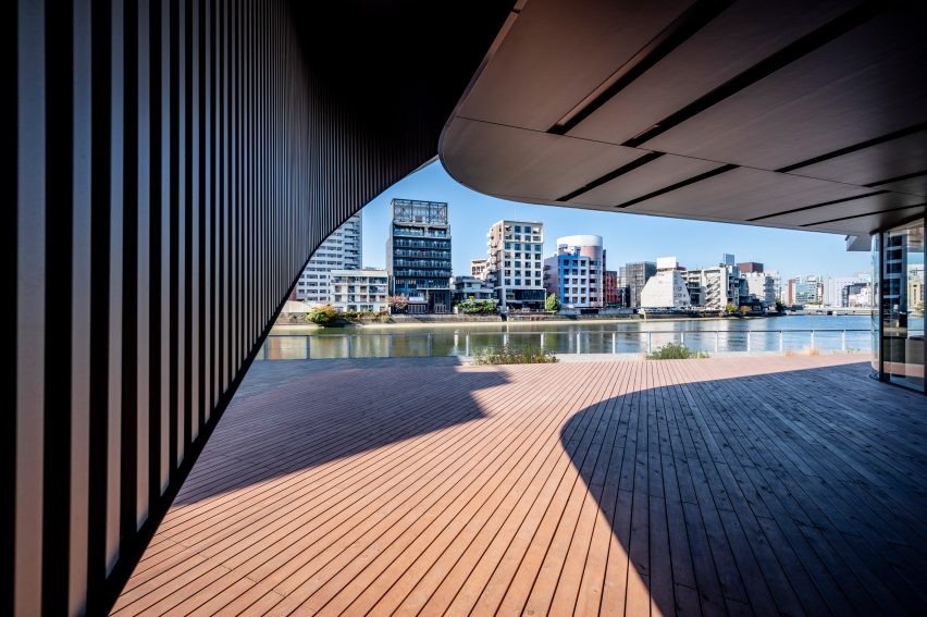 Timber decking overlooking a city waterfront