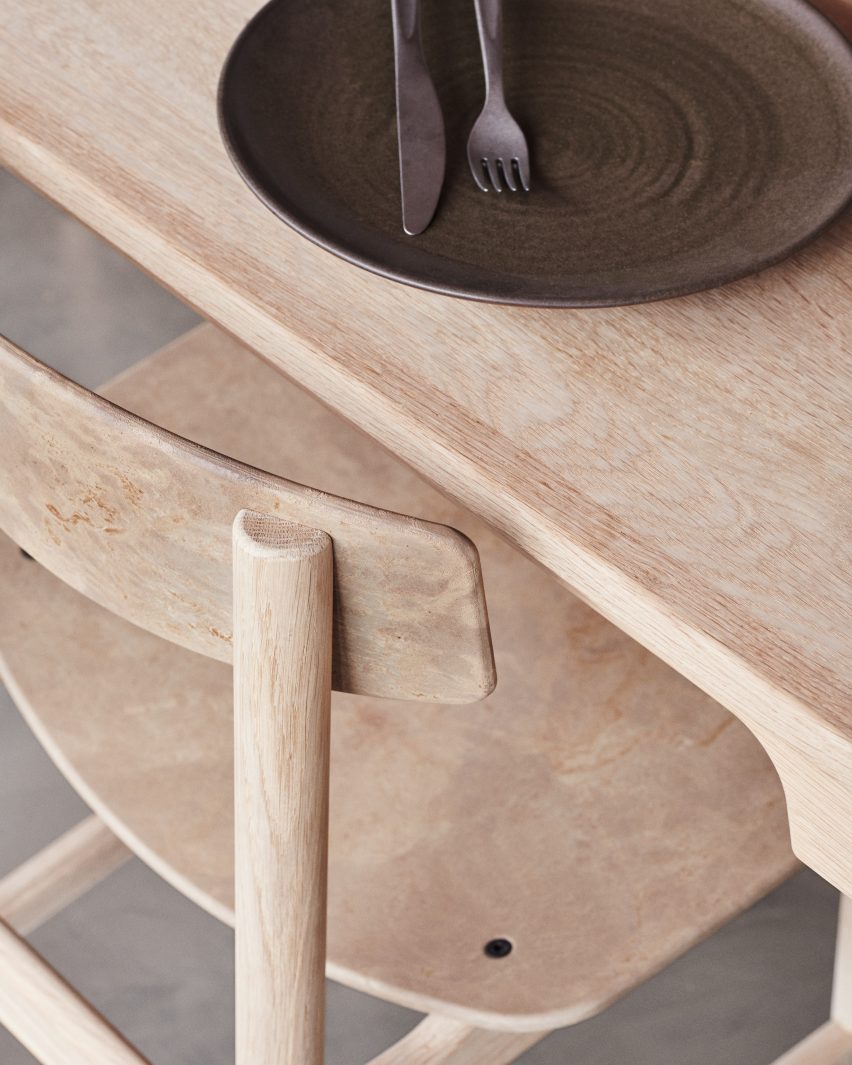 Detail of timber frame and composite material chair elements