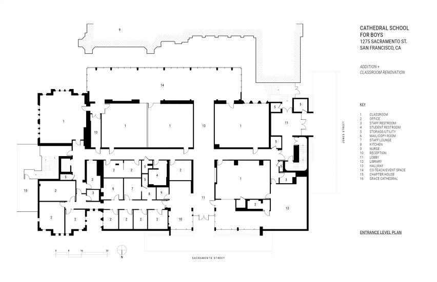 Entrance level floor plan of a school extension and renovation by Charles F Bloszies
