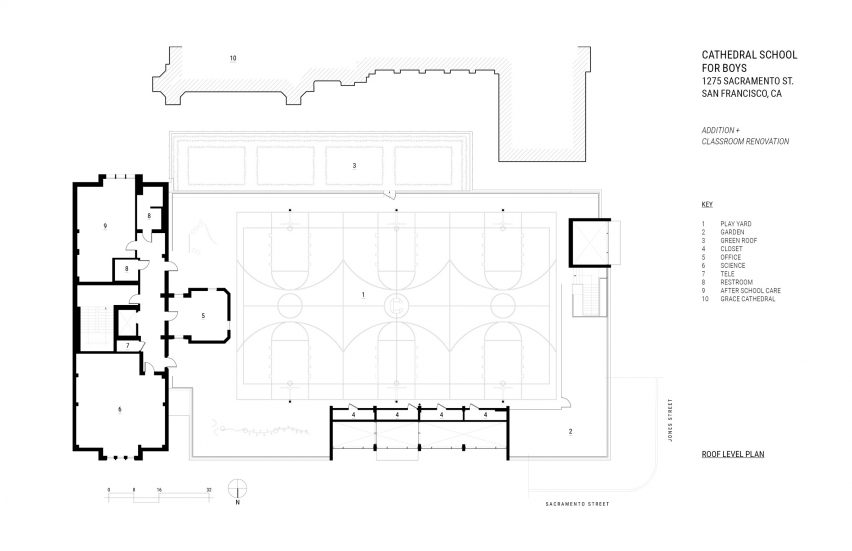 Roof level floor plan of a school extension and renovation by Charles F Bloszies