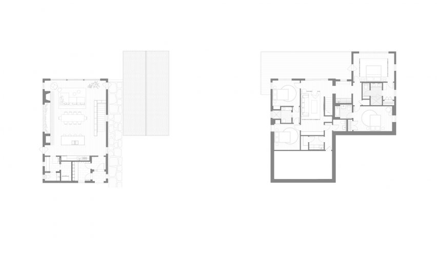 Ground floor and first floor plans of the Catskills ski house by Elizabeth Roberts Architects